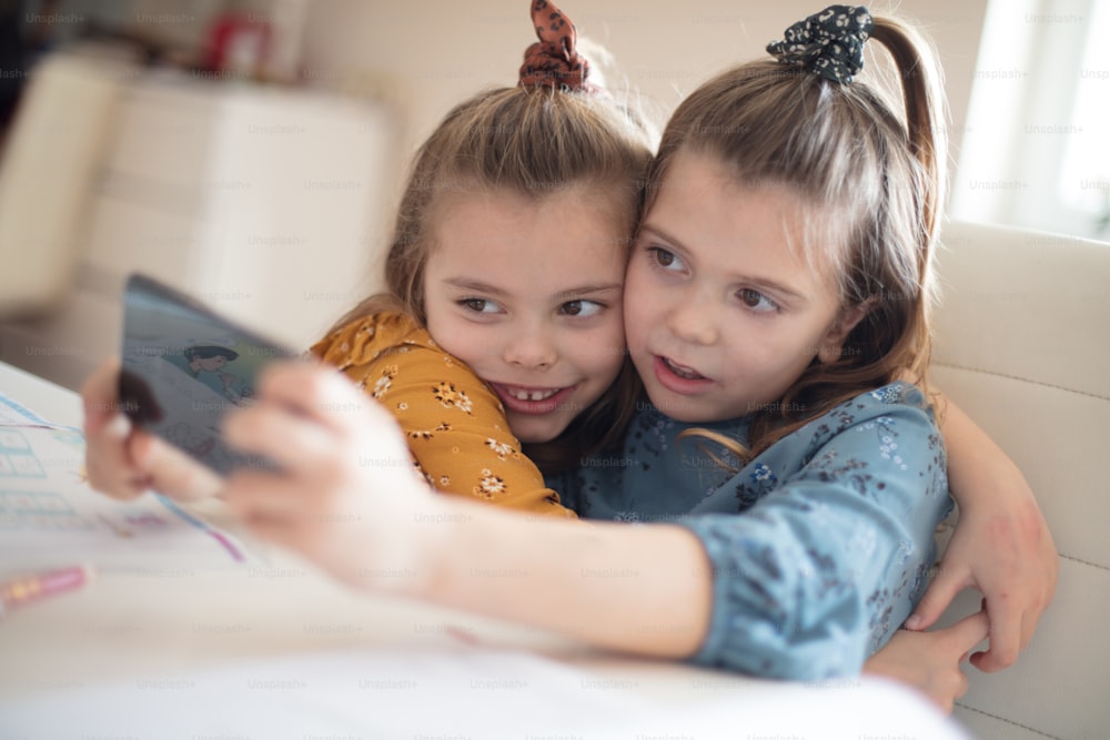 Cute sisters. Two little school girls taking a self portrait.