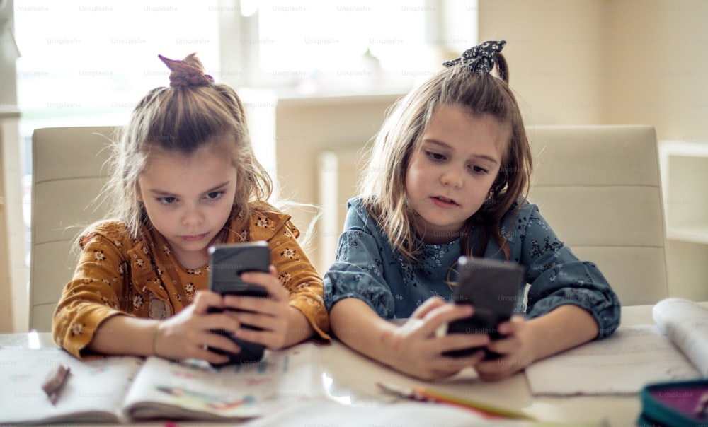 Für sie sind Hausaufgaben nicht wichtig. Zwei kleine Schulmädchen mit Smartphone.