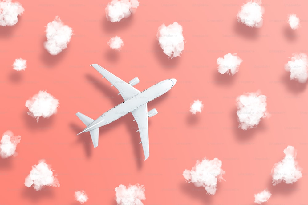 Model airplane design miniature on bight living coral background with fluffy clouds and shadows objects. The idea of tickets for the trip, traveling by plane, new discoveries, summer holidays.