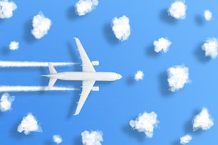 푹신한 구름과 그림자 개체가 있는 큰 파란색 배경에 미니어처 비행기 디자인 미니어처. 여행 티켓, 비행기 여행, 새로운 발견, 여름 방학에 대한 아이디어.