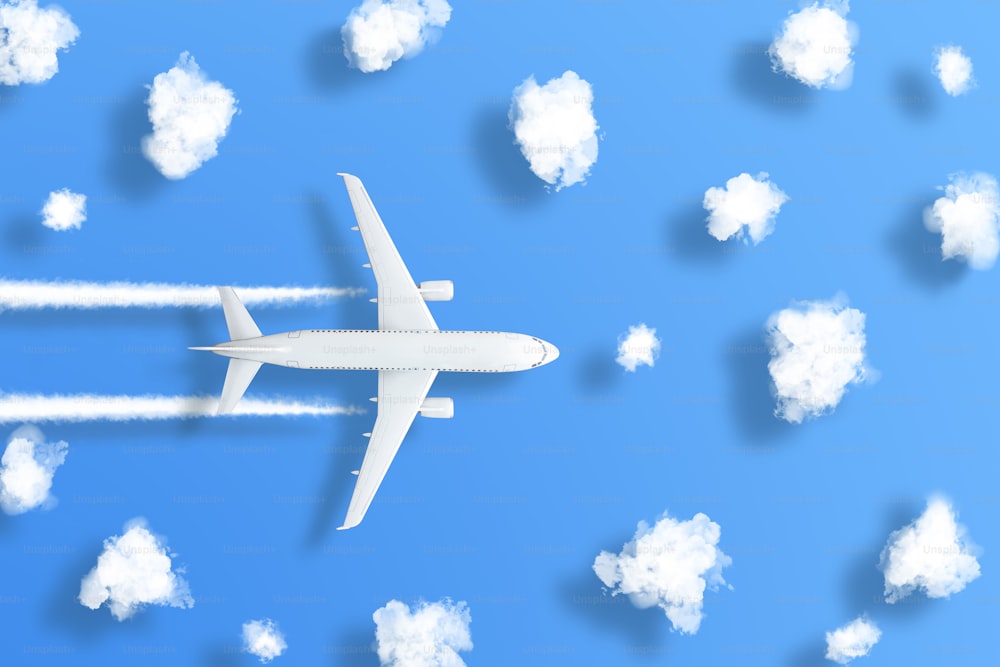 Model airplane design miniature on bight blue background with fluffy clouds and shadows objects. The idea of tickets for the trip, traveling by plane, new discoveries, summer holidays.