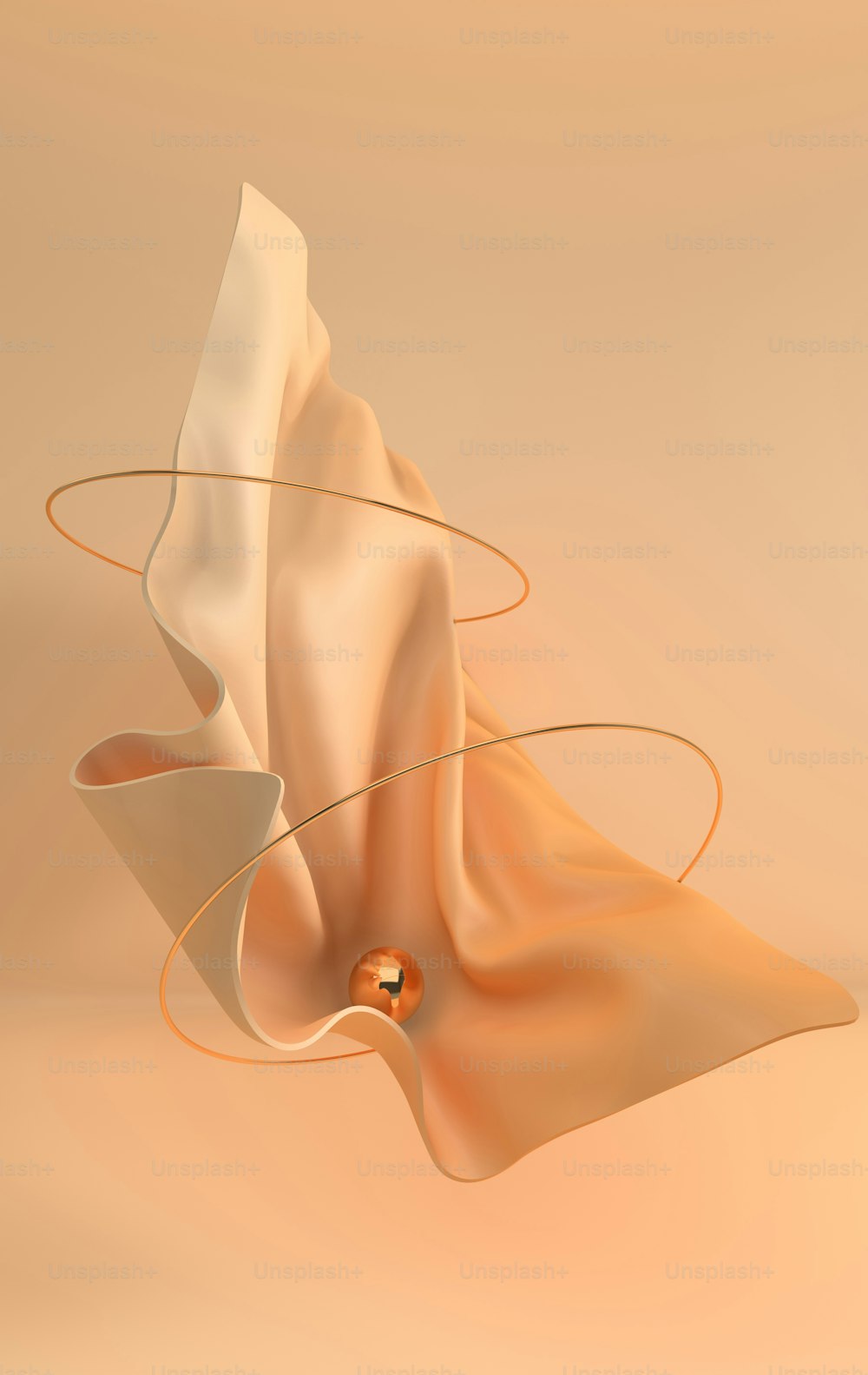 Tissu textile doux de luxe en mouvement avec des anneaux dorés et un rendu 3D sphérique. Fond 3d abstrait moderne de couleur pastel