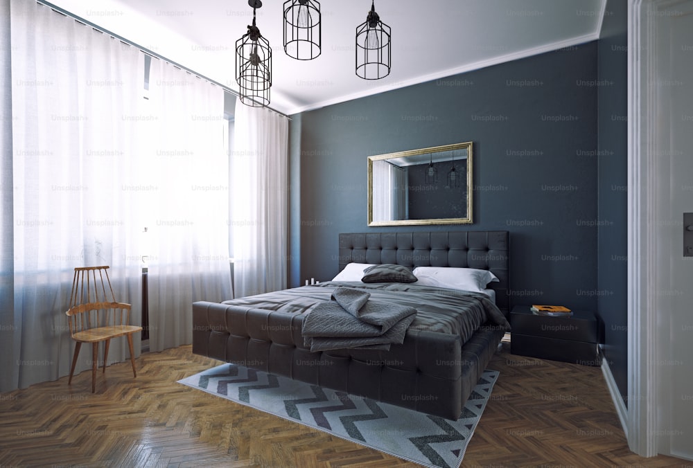 modern dark style bedroom interior design. 3d rendering room concept