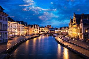 Ghent canal, Graslei and Korenlei streets in the evening. Ghent, Belgium