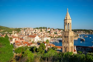 Panoramic view of Hvar Town in Croatia. Hvar Town is the famous town for summer beach vacation on Hvar Island in Dalmatia, Croaita.