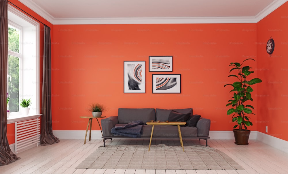 modern living room. living coral interior design. 3d rendering concept
