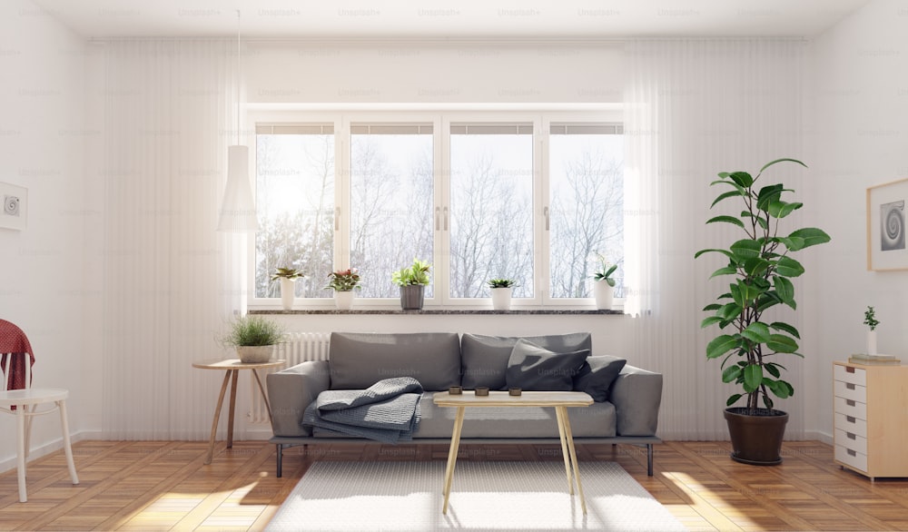 Modernes Wohnzimmer. Skandinavisches Innendesign. 3D-Rendering-Konzept