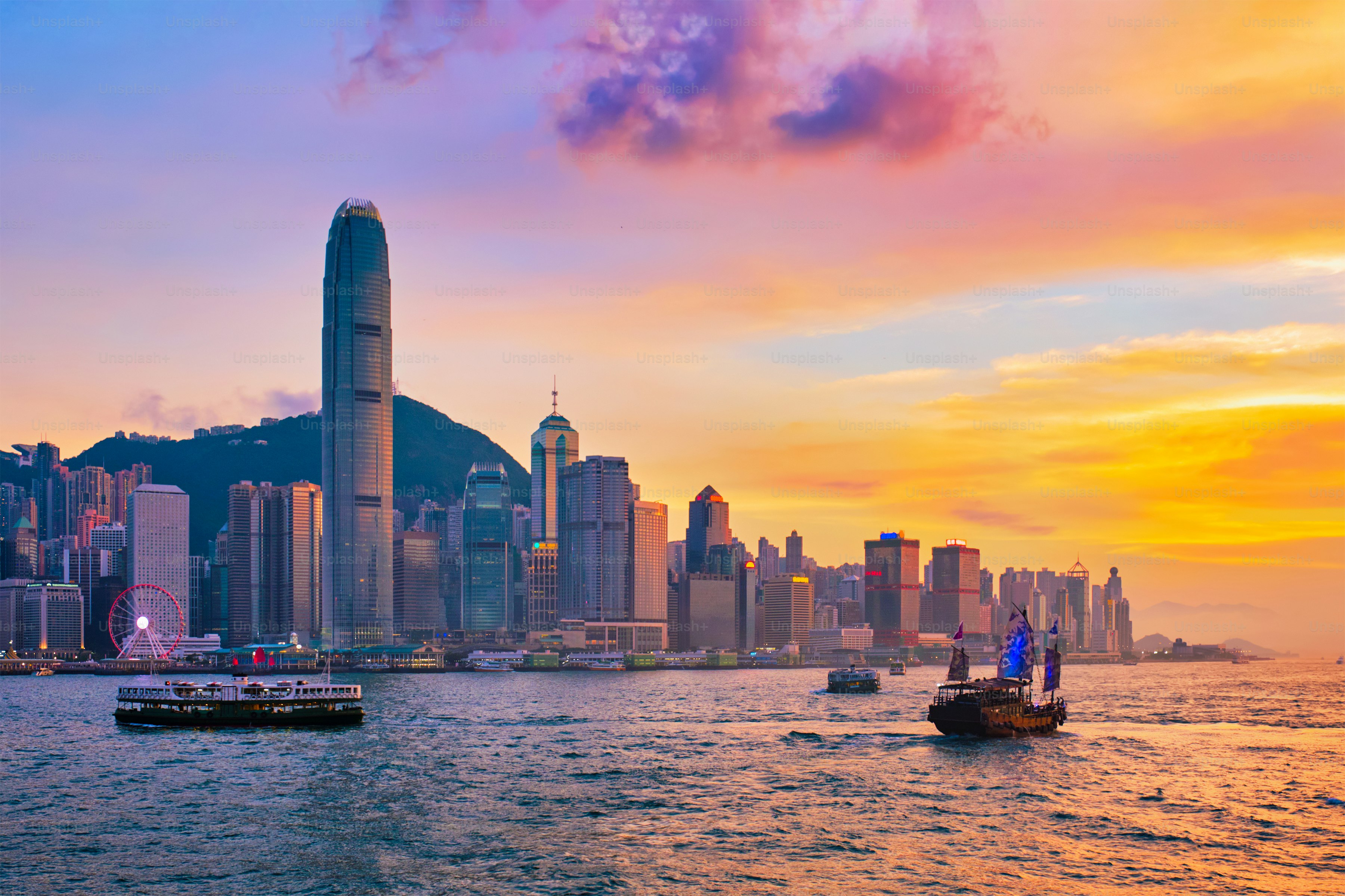 Aerial view of illuminated Hong Kong skyline cityscape downtown