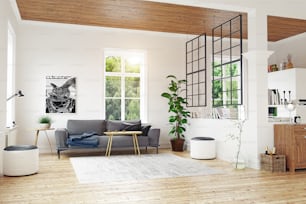 Modernes skandinavisches Wohnzimmerdesign. 3D-Konzeptillustration