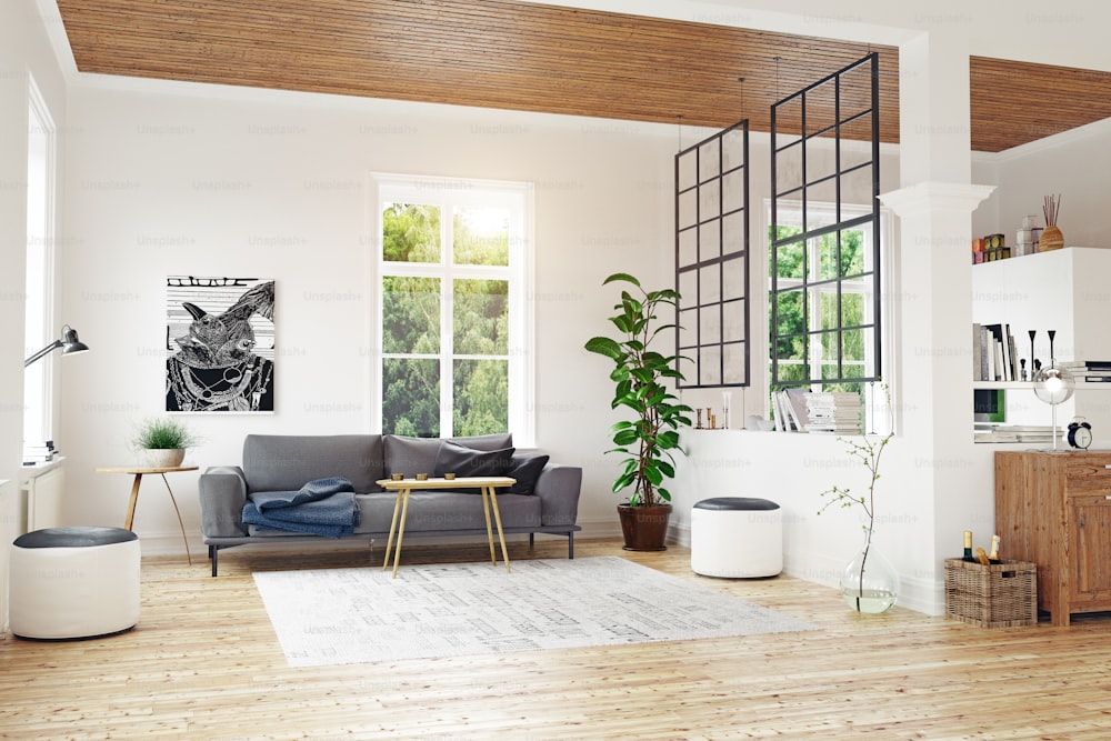 modern scandinavian living room design. 3d concept illustration