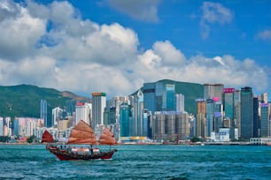 HONG KONG, CHINA - MAY 1, 2018: Hong Kong skyline cityscape downtown skyscrapers over Victoria Harbour in the evening with junk tourist ferry boat on sunset. Hong Kong, China