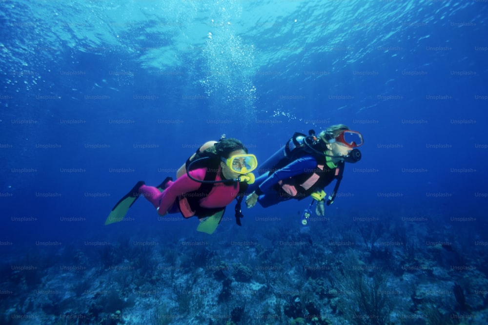 two people in scuba gear swimming in the ocean