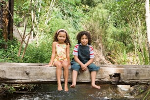 two children sitting on a wooden bridge over a stream