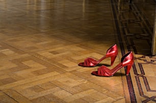 a pair of red high heeled shoes sitting on the floor