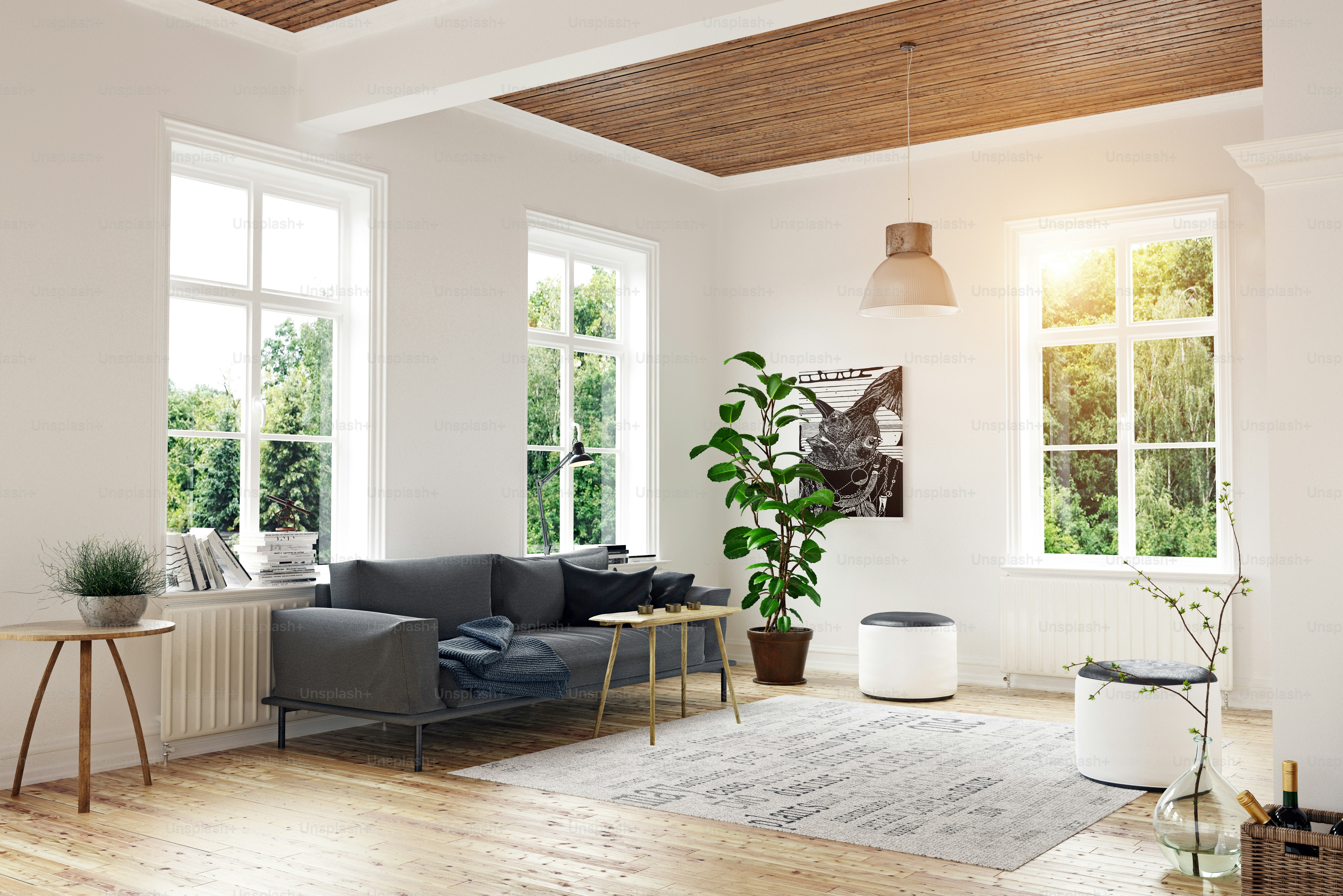 Modernes skandinavisches Wohnzimmerdesign. 3D-Konzept-Rendering