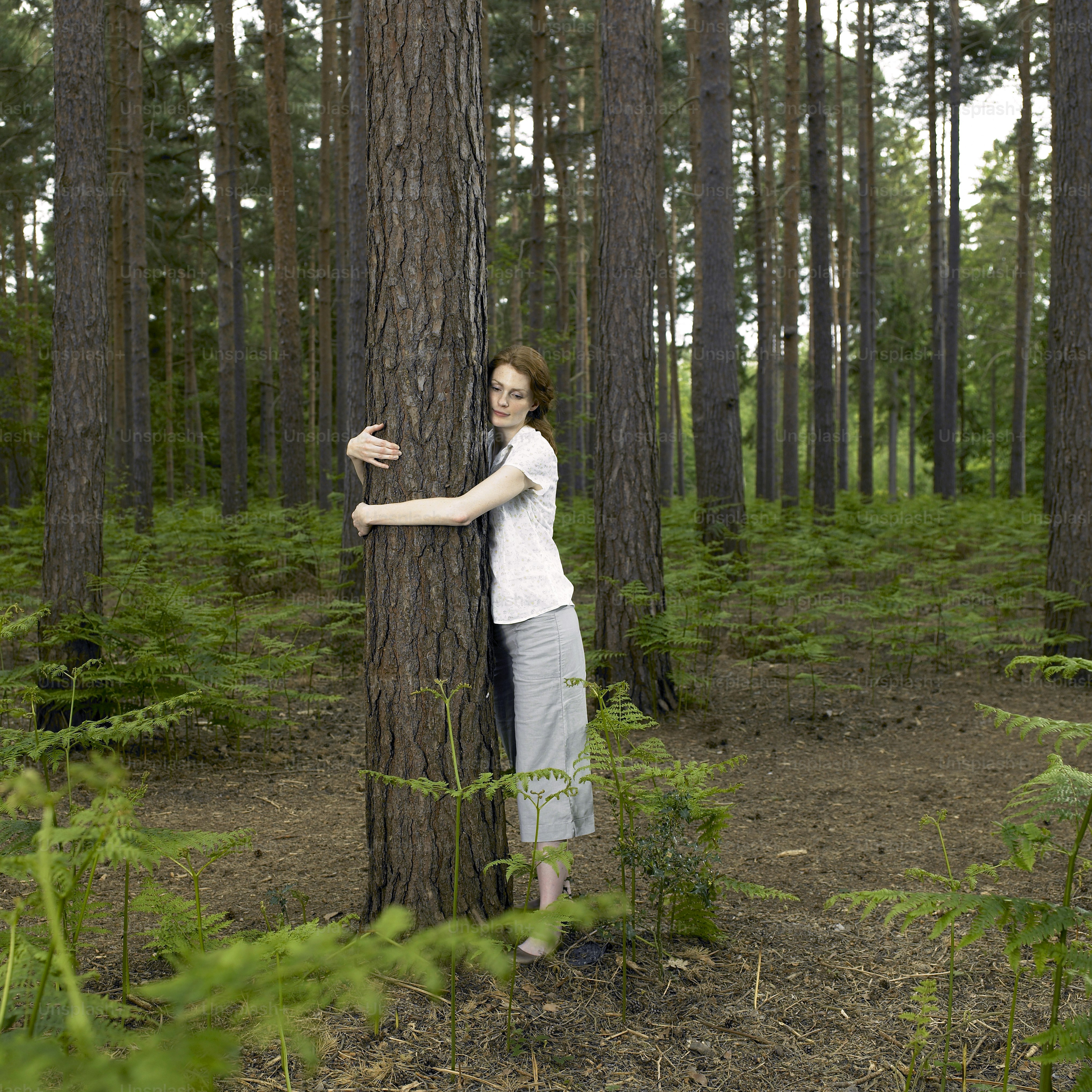 a woman standing next to a tree in a forest