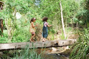 a couple of kids walking across a wooden bridge