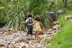 a couple of kids walking across a river
