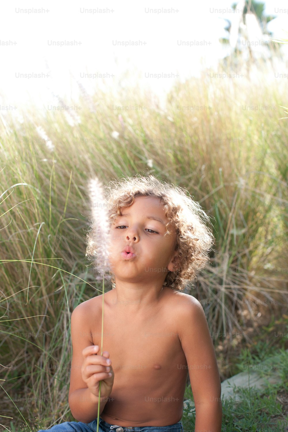 a young boy sitting on the ground blowing a dandelion