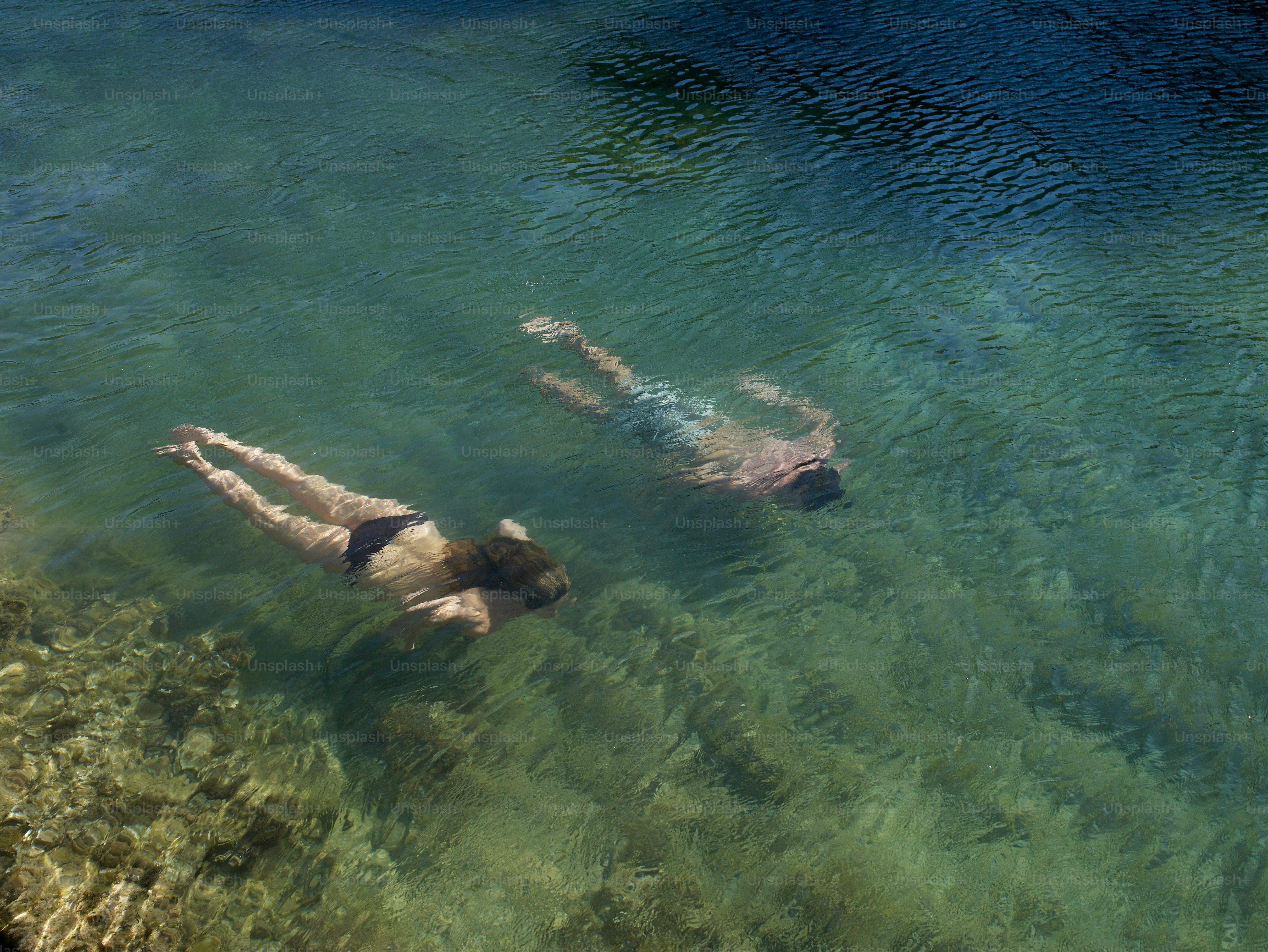 two people swimming in a body of water