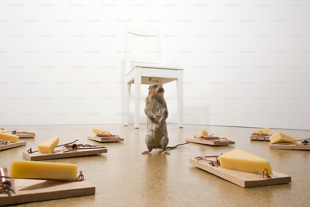 a mouse in a room with cheese on the floor