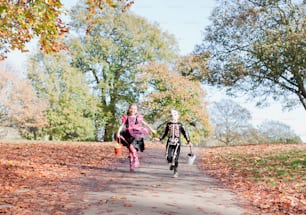 a couple of kids riding bikes down a leaf covered road