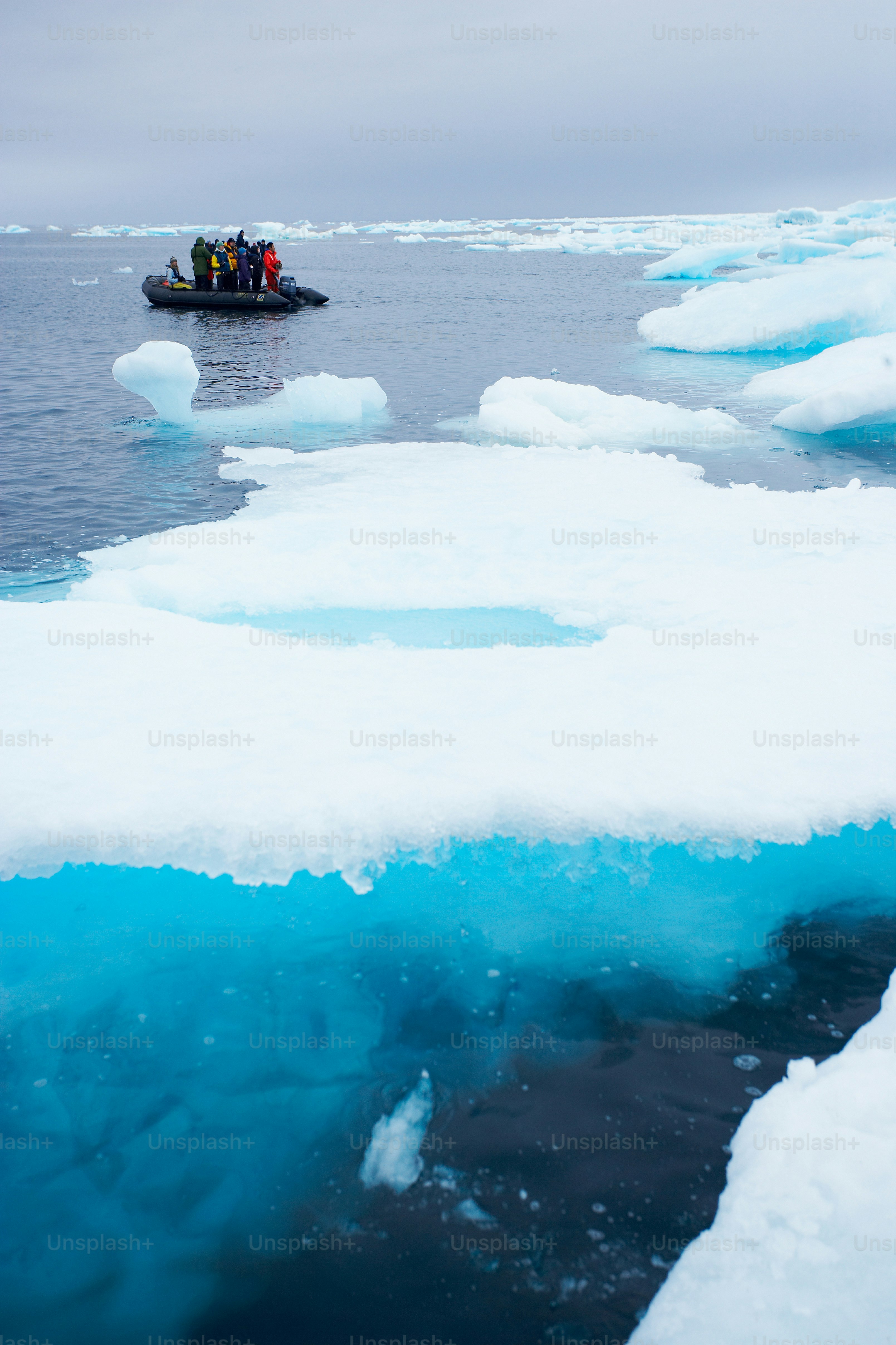 Un groupe de personnes dans un petit bateau sur la banquise
