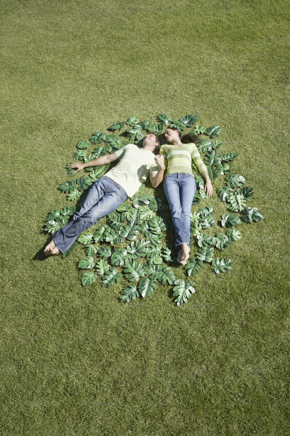 two people laying in a circle of plants