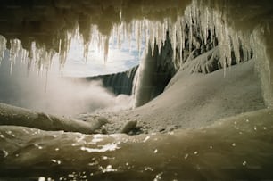 a group of icicles hanging from the ceiling of a cave