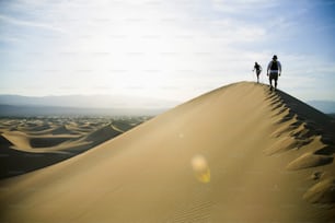 two people standing on top of a sand dune
