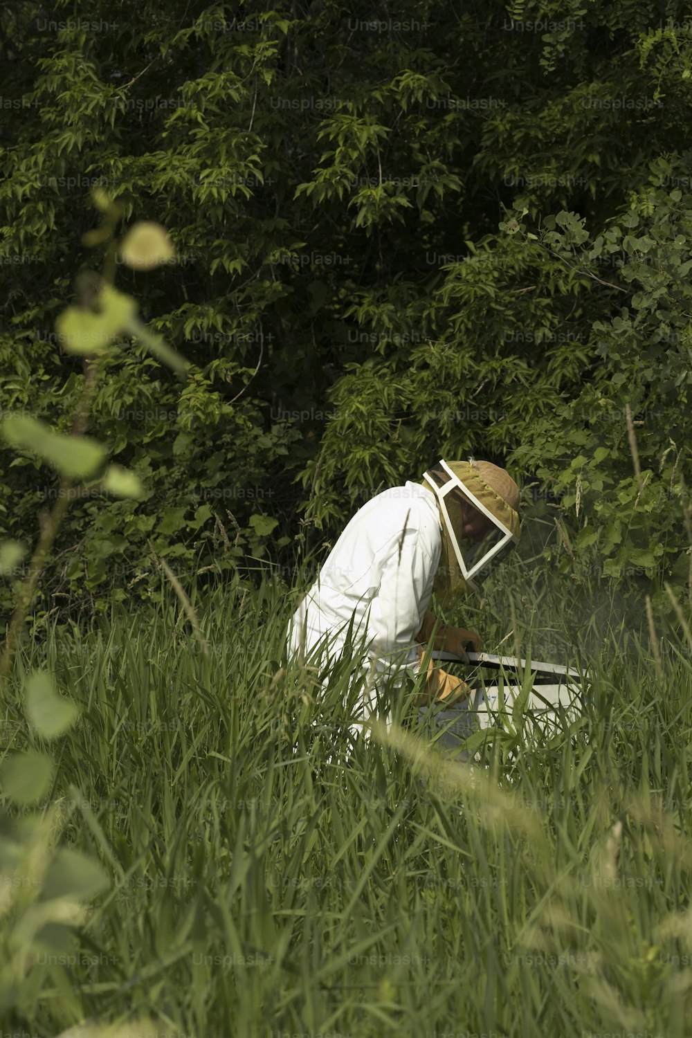 Ein Mann auf einem Feld mit einem Bienenanzug