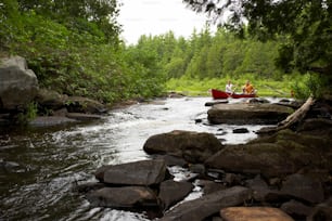 a group of people in a canoe on a river