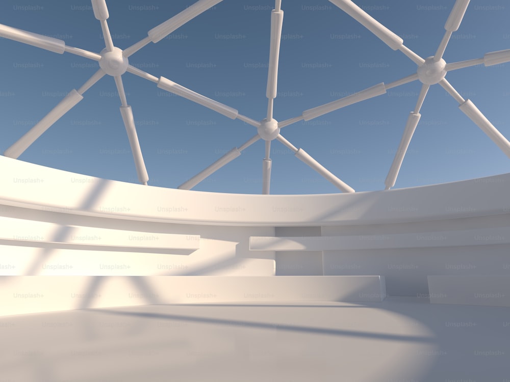 抽象的な現代建築の背景、空のオープンスペースのインテリア。3Dレンダリング