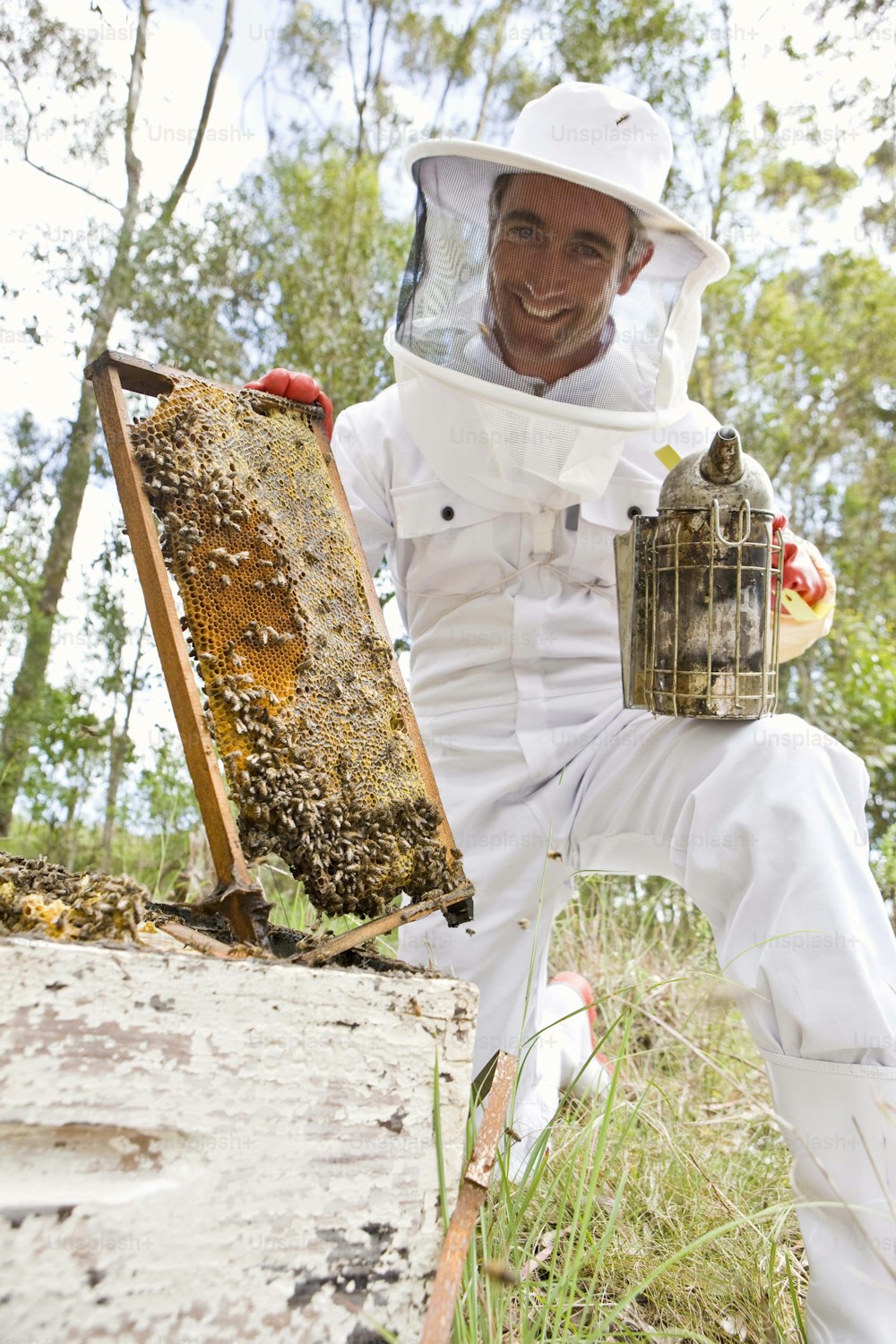a man in a bee suit holding a beehive