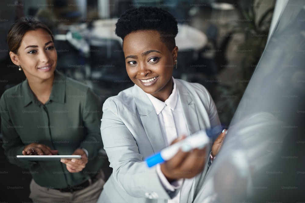 Happy African American businesswoman and her colleague developing new business strategy on whiteboard during a meeting at corporate office.