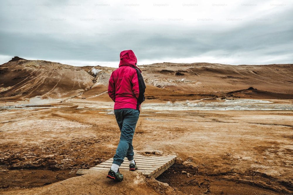 Woman traveler travels to Hverir in Iceland. Hverir (Icelandic: Hverarond) is geothermal area in Myvatn. It is a famous destination near Lake Myvatn, Krafla northeastern region of Iceland, Europe.