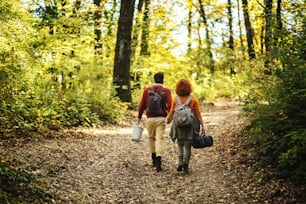 Rear view of young happy couple in love holding hands and walking in nature on a beautiful autumn day. Couple holding picnic equipment.