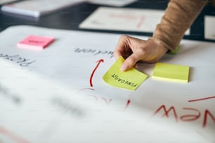 Close-up da empresária adicionando nota adesiva no papelão durante a criação do mapa mental no escritório.