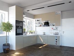 interni cucina moderna. Concetto di rendering 3D