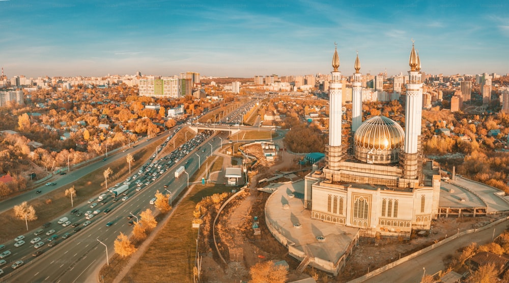 Aerial view of islamic mosque near a busy highway in Ufa. Sights and popular cities of Russia.