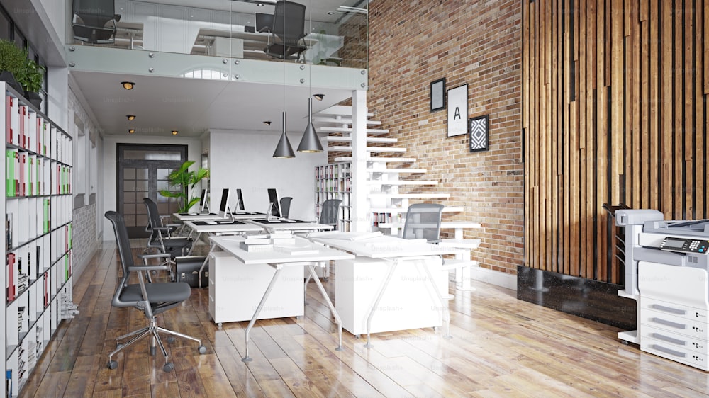 Concepto moderno de diseño de interiores de oficinas. Idea de renderizado 3D