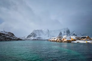 Yellow rorbu houses of Sakrisoy fishing village with snow in winter. Lofoten islands, Norway