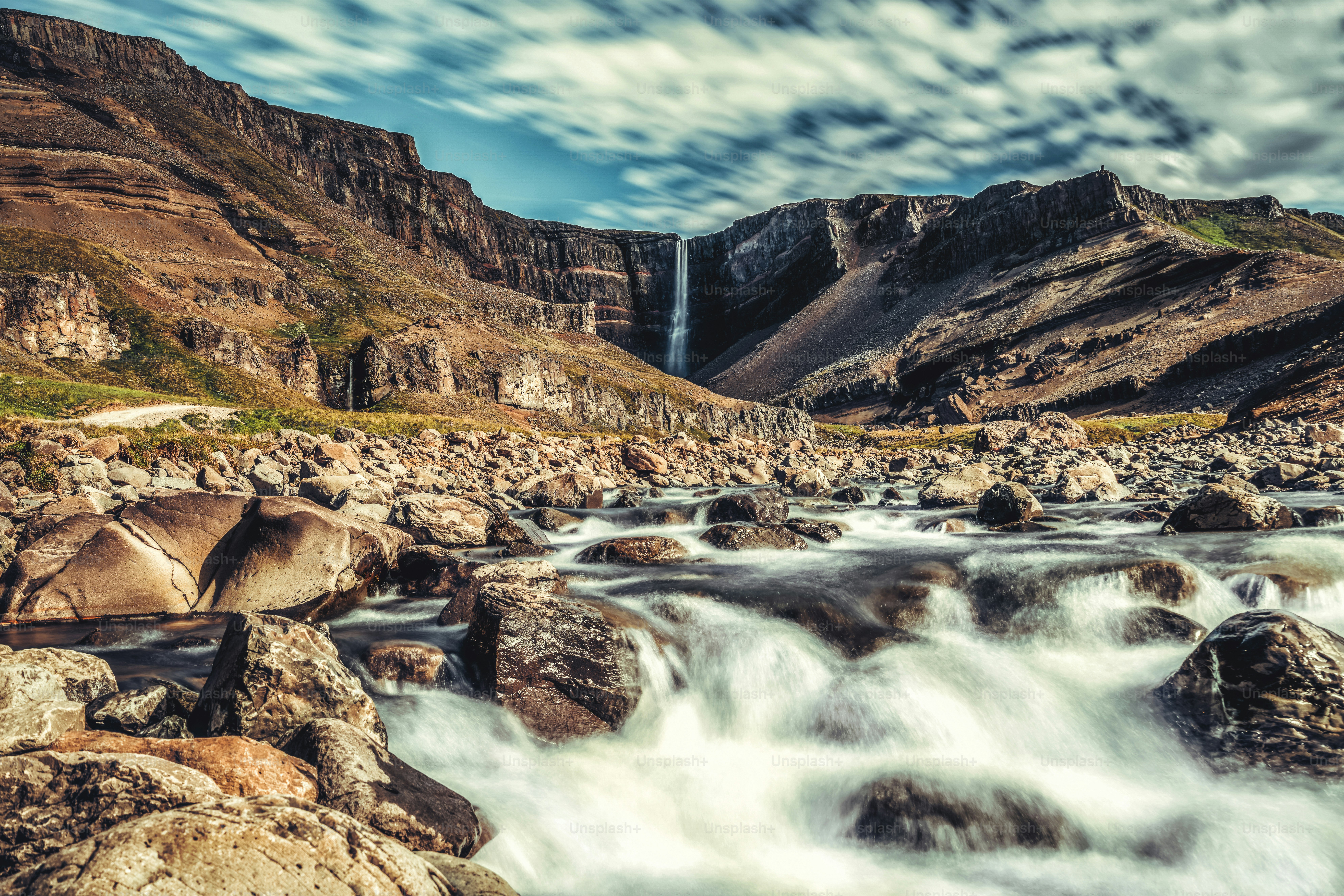 Beautiful Hengifoss Waterfall in Eastern Iceland. Nature travel landscape.