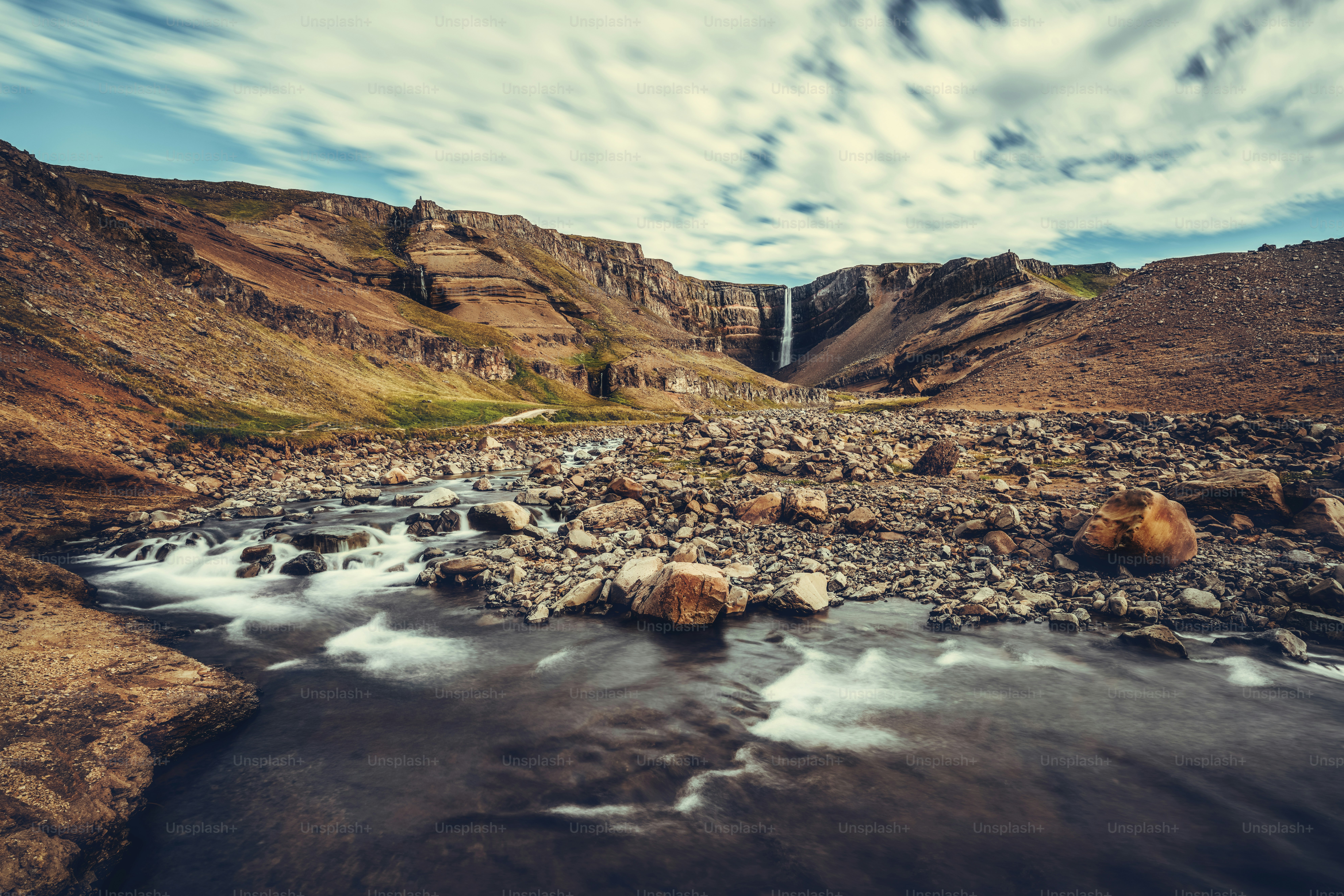 Beautiful Hengifoss Waterfall in Eastern Iceland. Nature travel landscape.