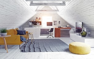 modern attic interior. 3d rendering illustration