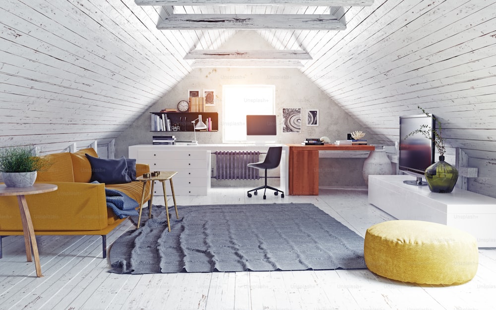 modern attic interior. 3d rendering illustration
