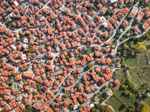 リゾート地や村の伝統的な赤い屋根の上空からのドローンの空撮。ヨーロッパにおける不動産と旅行の概念