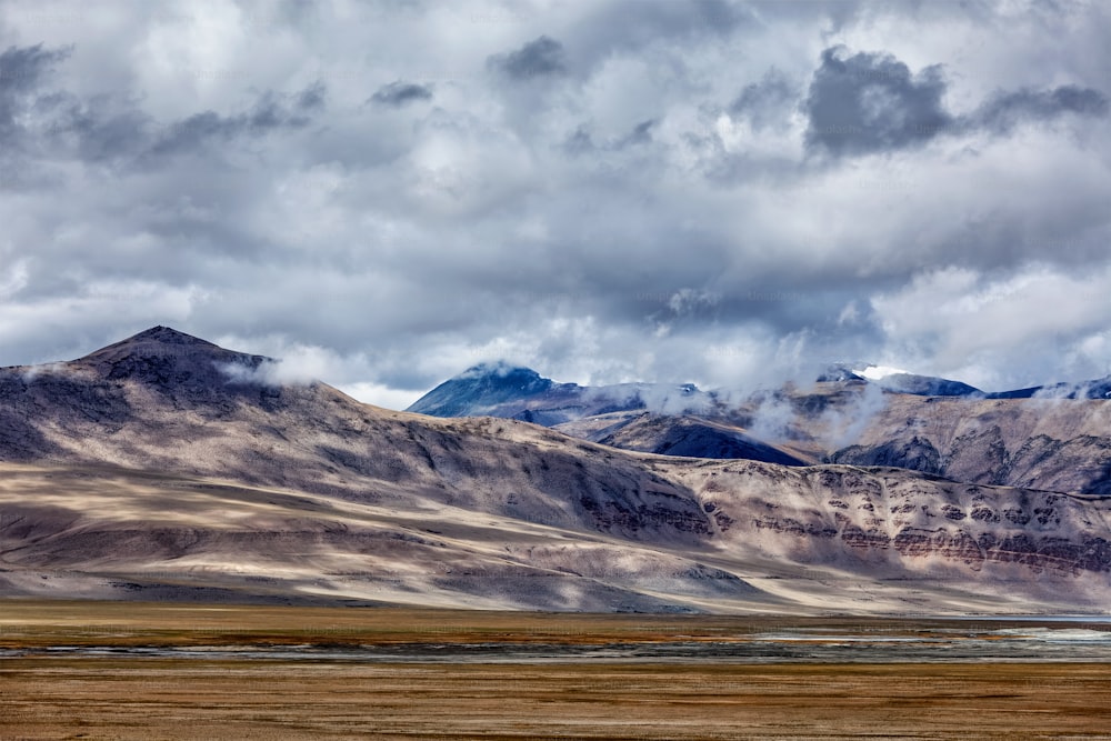 Cenário paisagístico cênico do Himalaia perto de Tso Kar - lago salgado flutuante no Himalaia. Rapshu, Ladakh, Jammu e Caxemira, Índia