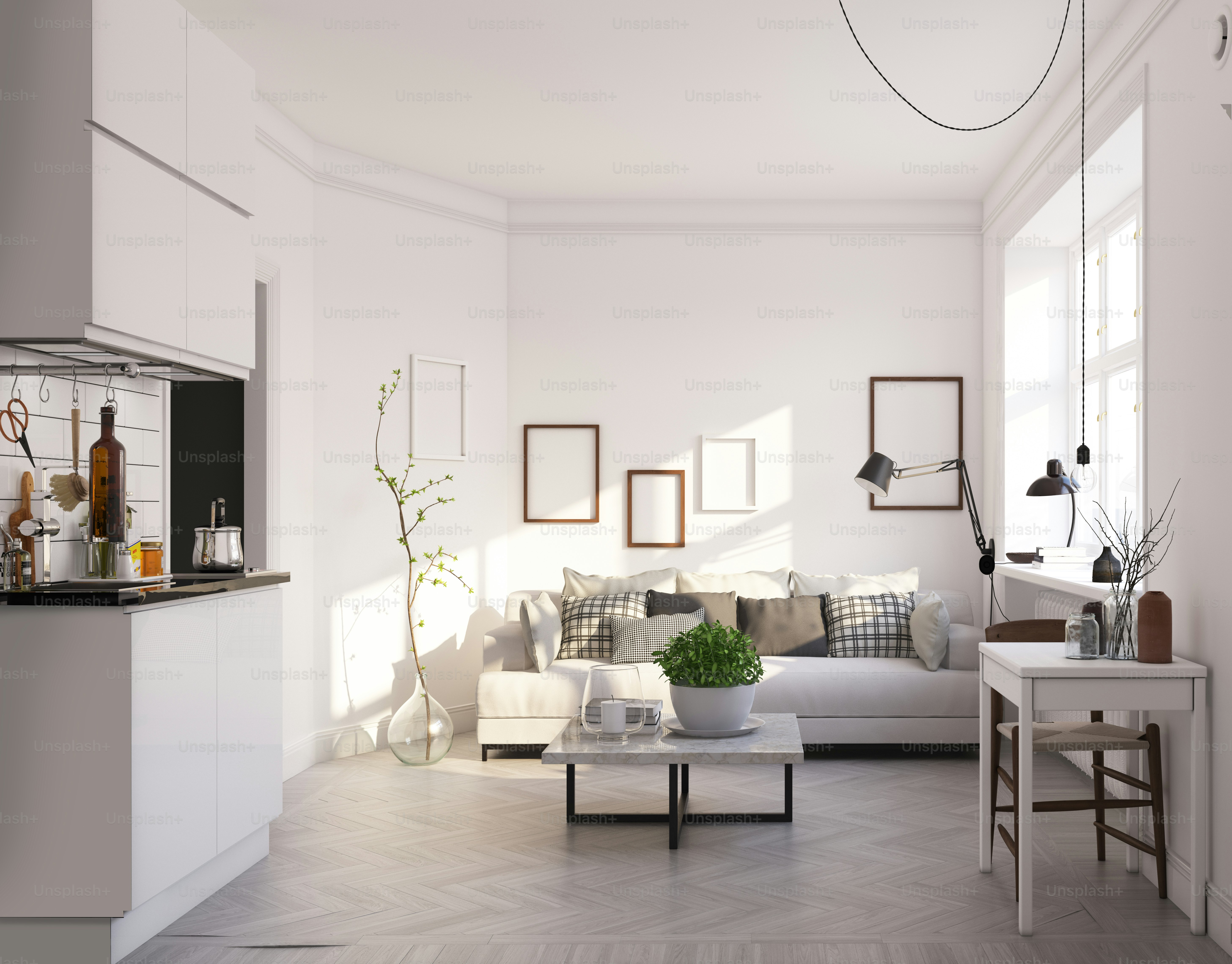design compacto da sala de estar de estilo escandinavo. Conceito de renderização 3D