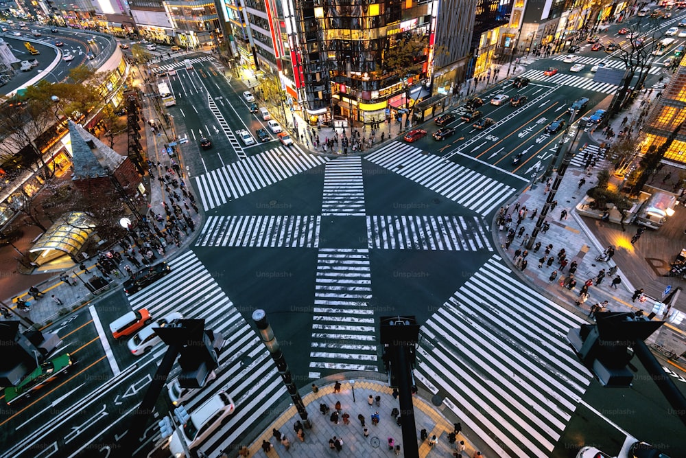 Aerial view of intersection in Ginza, Tokyo, Japan at night.